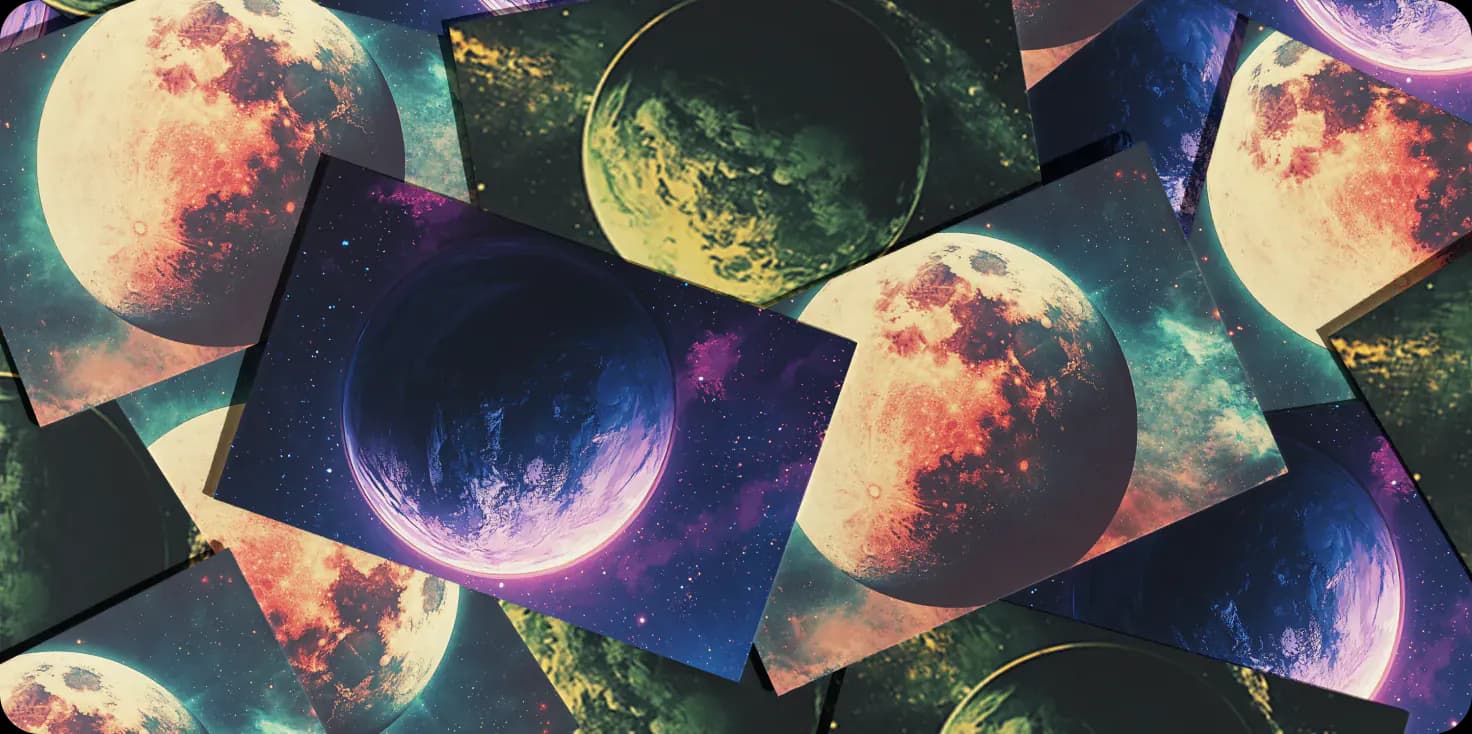 Planet-themed card backs spread out